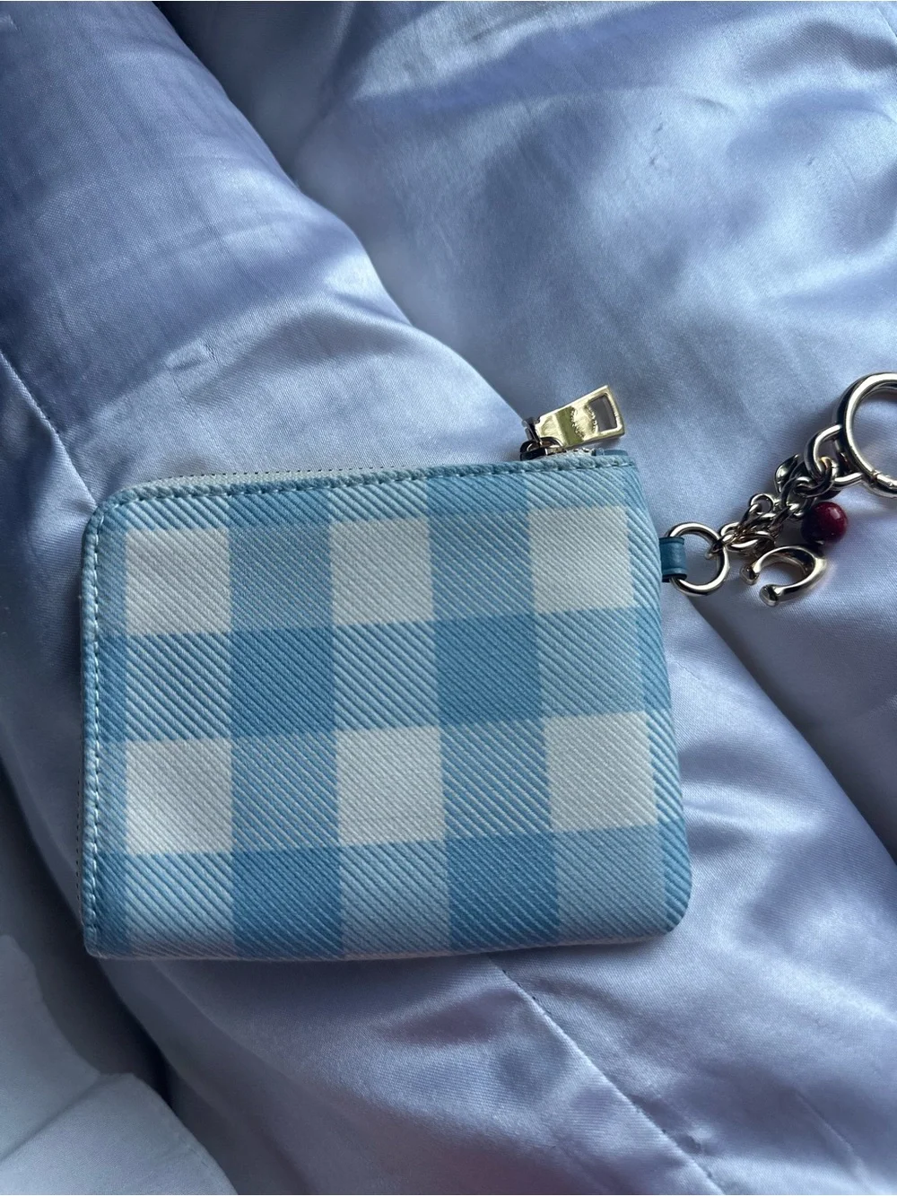 Coach Light Blue and White Gingham Zip Card Case